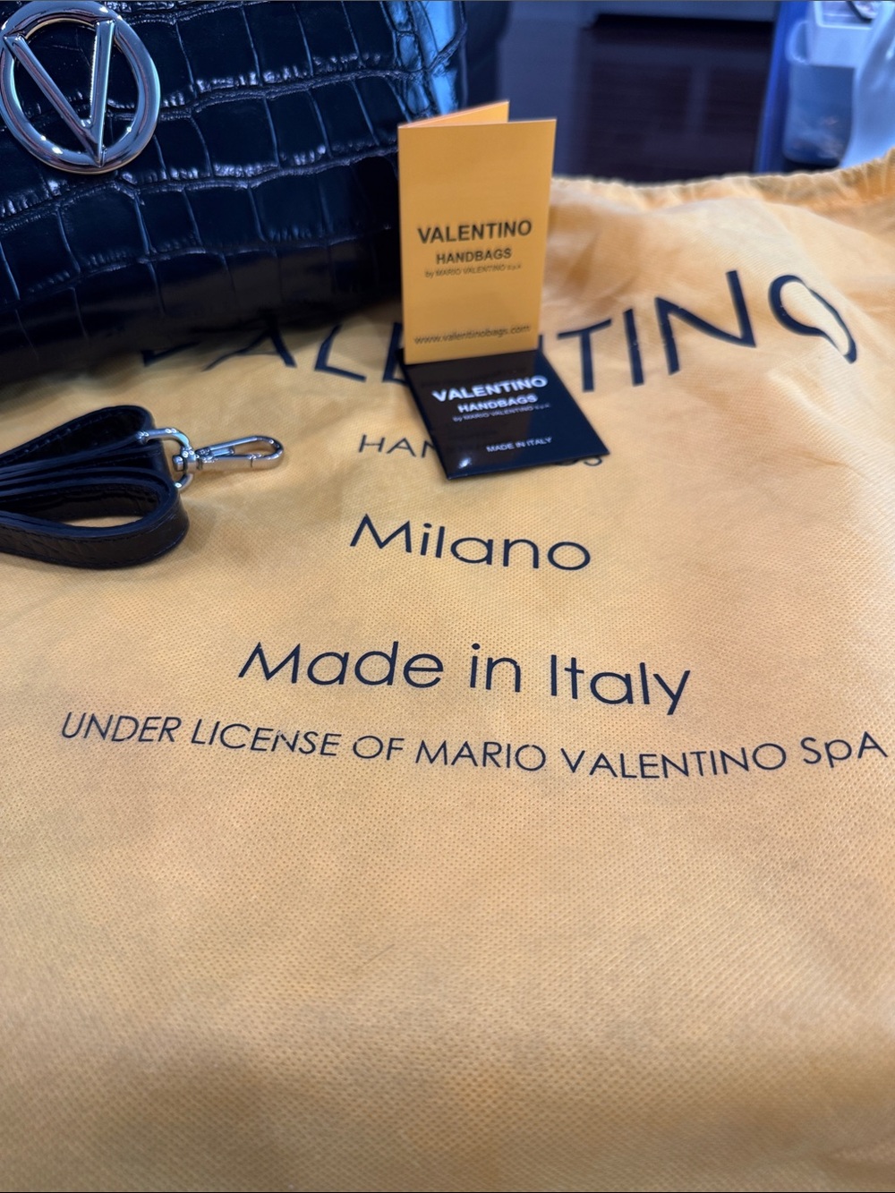 Valentino Black Croc-Embossed Top-Handle Satchel with V Logo - Picture 3 of 6